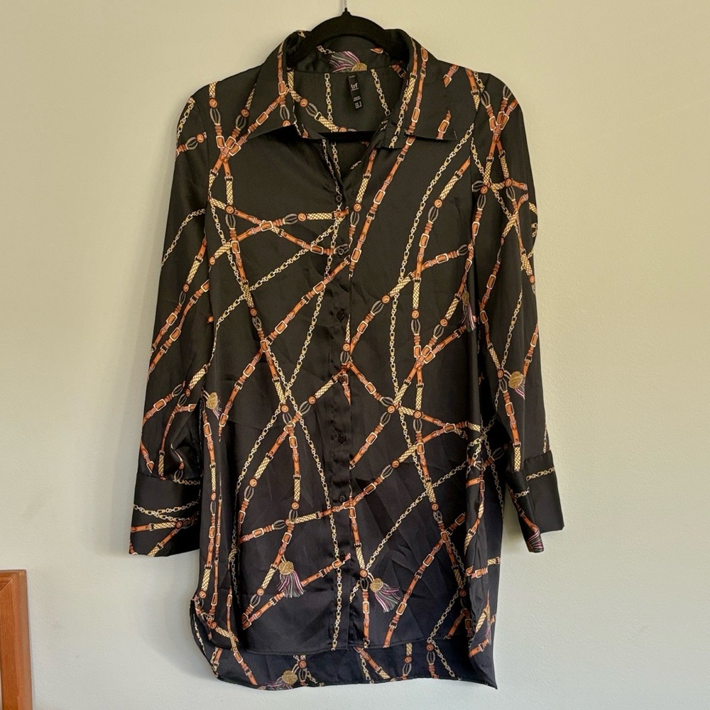 Zara TRF Long Black Shirt with Gold and Green Accents Size Medium